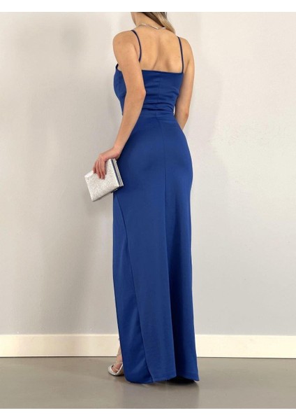 Ince Askılı Yırtmaçlı Balık Elbise Saks 582210 modelleri