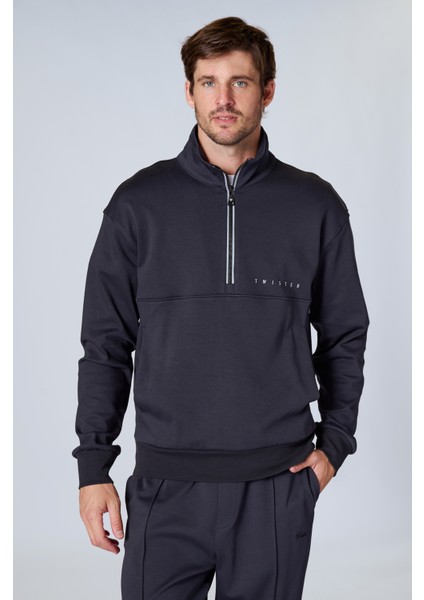 Esw 2923 Dik Yaka Fermuarlı Scuba Kumaş Erkek Sweat Siyah