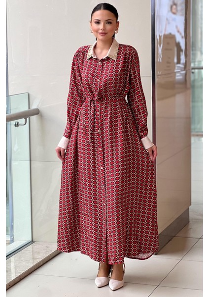 Yakası Taşlı Kuşaklı Desenli Elbise 4925