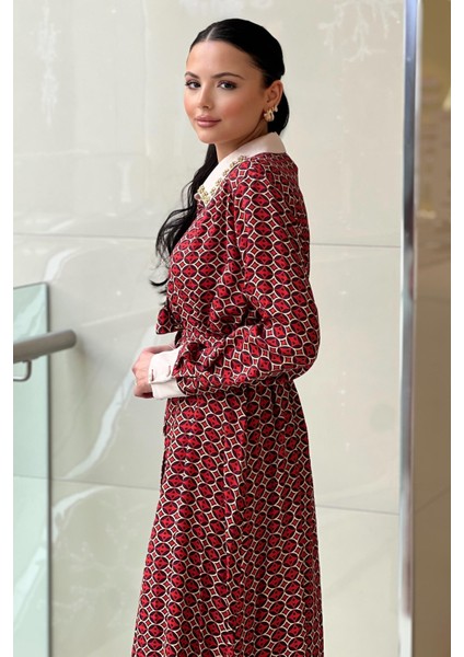 Yakası Taşlı Kuşaklı Desenli Elbise 4925 fiyatları