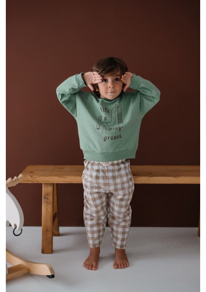 Barrel Krem Beyaz Ekoseli Havuç Kesim Pantolon