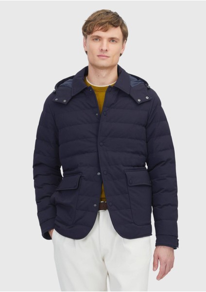 Lacivert Regular Fit Kapüşonlu Casual Dokuma Mont