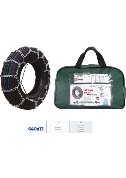 Patinaj Zinciri Binek ve Hafif Tic.araç Serme 13-14 Jant 640X13 Zincir Ebatları Için Resime Bakınız