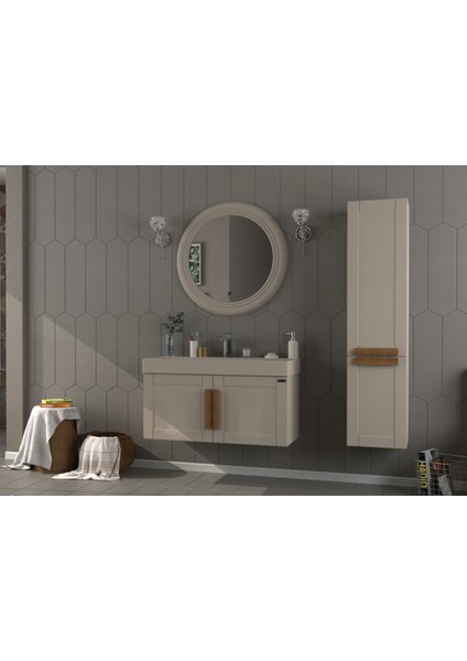 Pio 100CM Matt Mocha Ahşap Kulplu Banyo Dolabı (Ayna+Lavabo+Alt Dolap)
