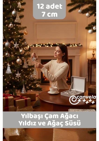 12'li Yılbaşı Çam Ağacı Süsleri Yıldız ve Ağaç Yılbaşı Süsü 7 cm