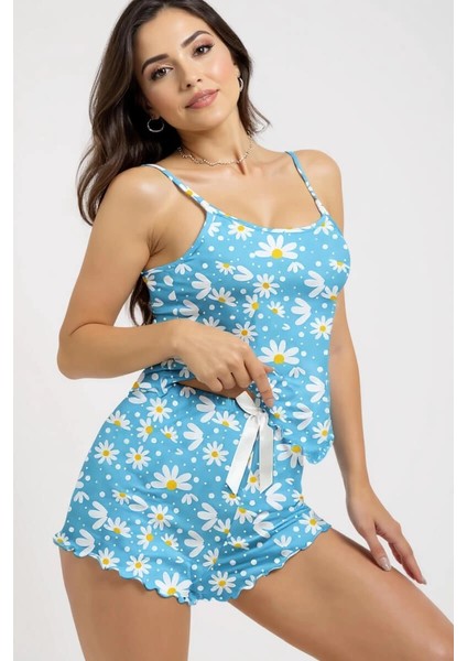Papatya Baskılı Mavi Askılı Şortlu Pijama Takımı