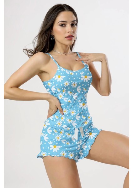 Papatya Baskılı Mavi Askılı Şortlu Pijama Takımı fiyatları