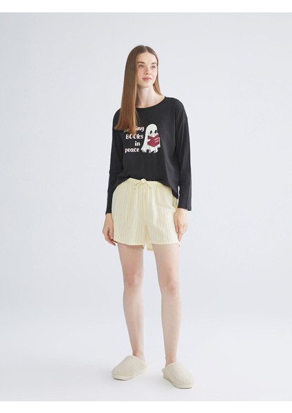 Yeni Sezon Beli Lastikli Çizgili Kadın Şort Pijama Altı