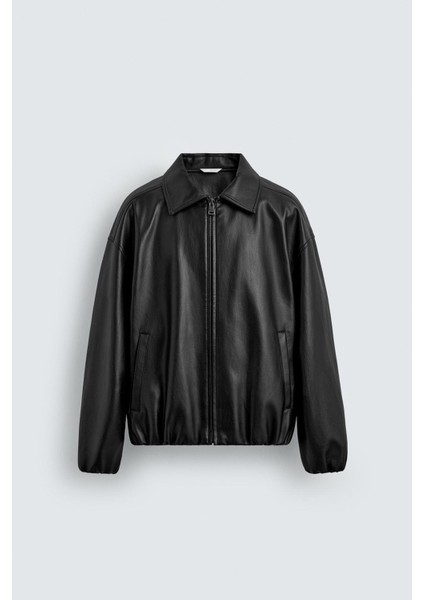 Oversize Siyah Deri Ceket