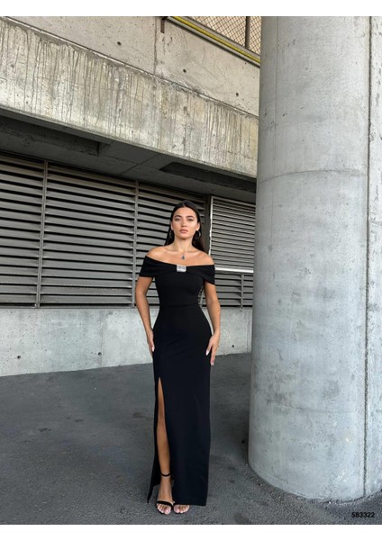 Esnek Krep Kumaş Fiyonk Yaka Ön Taş Detaylı Abiye Elbise Siyah 583322