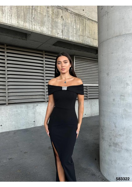 Esnek Krep Kumaş Fiyonk Yaka Ön Taş Detaylı Abiye Elbise Siyah 583322 fiyatları