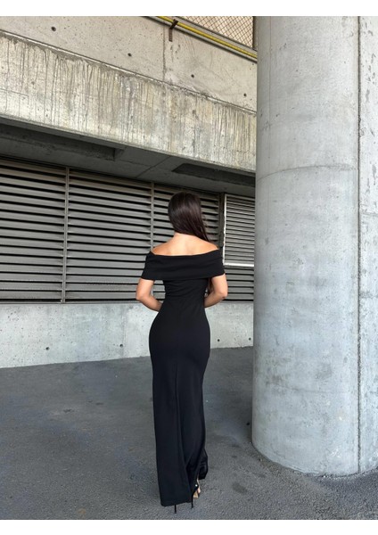 Esnek Krep Kumaş Fiyonk Yaka Ön Taş Detaylı Abiye Elbise Siyah 583322 modelleri