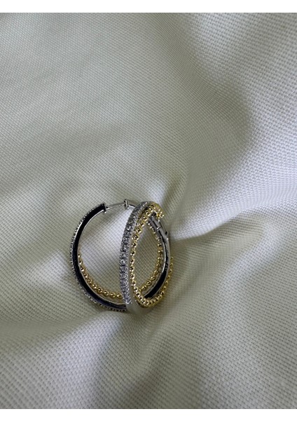 Çift Renkli Topçuk & Taşlı Halka Küpe