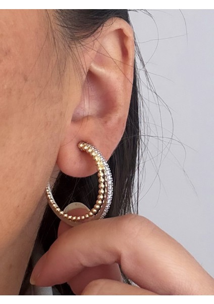 Çift Renkli Topçuk & Taşlı Halka Küpe fiyatları