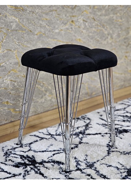Kare Krom Kaplama Telli Ayaklı Tabure - Oturak - Bar Taburesi - Ayaklı Tabure Siyah Renk 48 x 33 Boyut/ebat