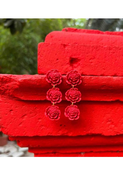 Rose Love El Yapımı Kırmızı Sallantılı Özel Tasarım Gül Küpe