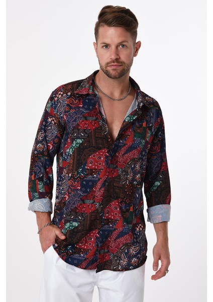 R-3655 Renkli Şal Desen Ayaklı Yaka Gizli Patlı Uzun Kol Gömlek