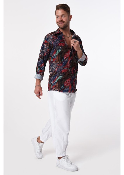 R-3655 Renkli Şal Desen Ayaklı Yaka Gizli Patlı Uzun Kol Gömlek fiyatları