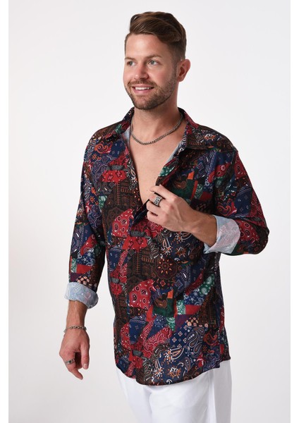 R-3655 Renkli Şal Desen Ayaklı Yaka Gizli Patlı Uzun Kol Gömlek modelleri