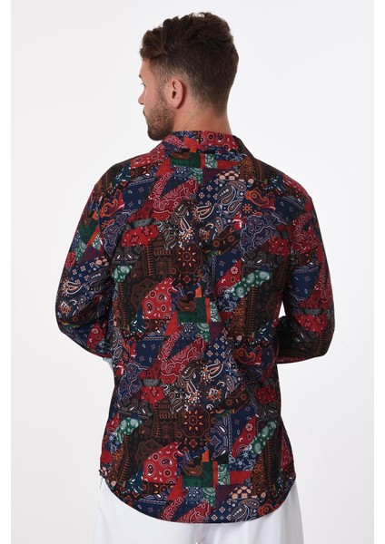 R-3655 Renkli Şal Desen Ayaklı Yaka Gizli Patlı Uzun Kol Gömlek fırsatları