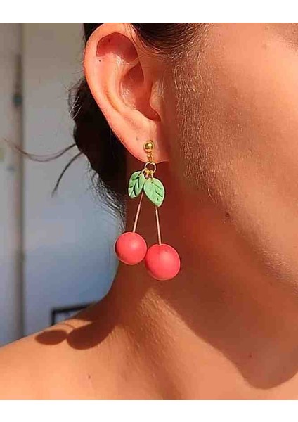 Cherry El Yapımı Polimer Kil Özel Tasarım Kırmızı Kiraz Küpe modelleri