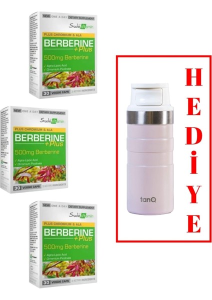 3 Adet Suda Vitamin Berberıne Plus 30 Kapsül (Tanq Ömür Boyu Garantili 350CC Termos Hediyeli)