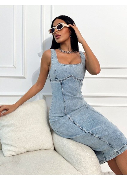 Yırtmaçlı Sırt Fermuarlı Midi Mavi Denim Elbise Kot Elbise Denim Dress