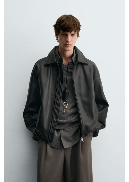 Suni Deri Bomber Erkek Ceket