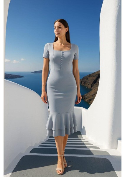 Kadın Kare Yaka Kısa Kollu Düğme Detay Çift Volanlı Midi Abiye Elbise Gri 582981