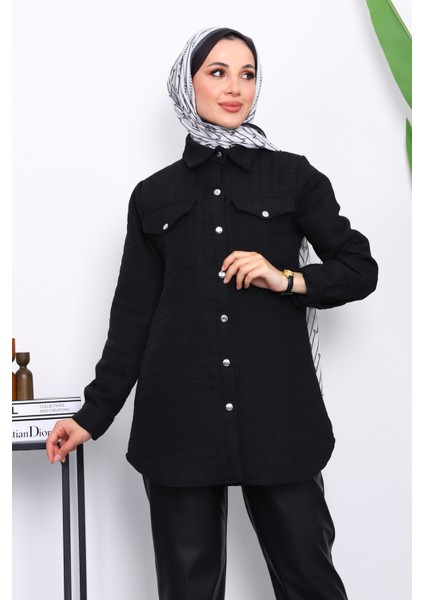 Siyah Kapitone Çıtçıtlı Cepli Ceket