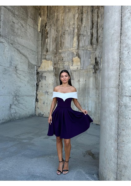 Esnek Krep Kumaş V Yaka Pile Detaylı Mini Abiye Elbise 583287 Mor