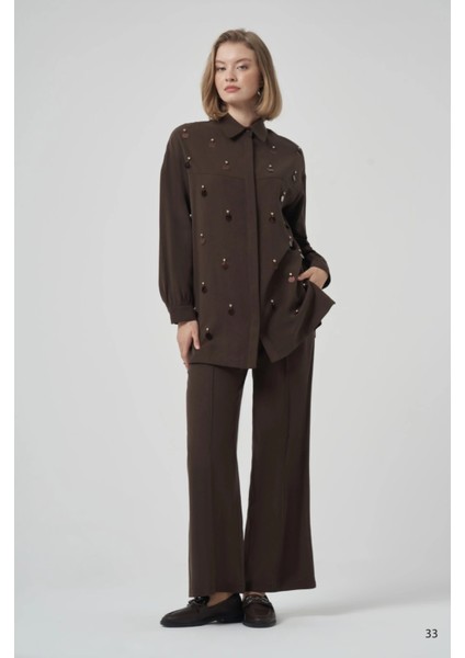 1031 Büyük Payet Detaylı Pantolonlu Takım - Kahve