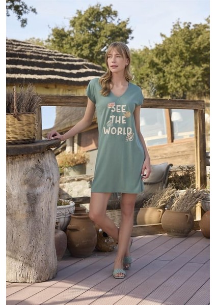 Monamise Dantelli ve Baskılı ''see The World'' Gecelik