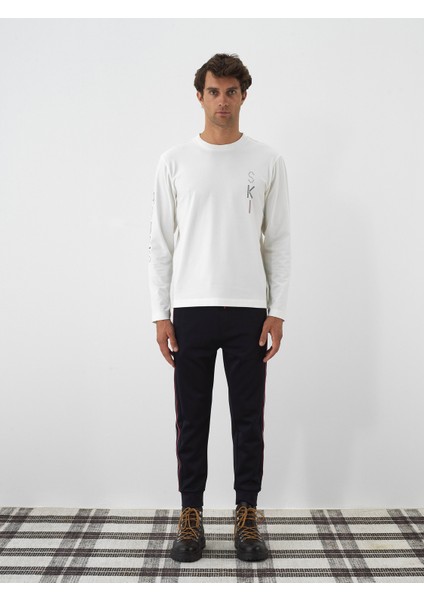 Erkek Ekru Pamuk Dokulu Regular Fit Uzun Kollu Tişört