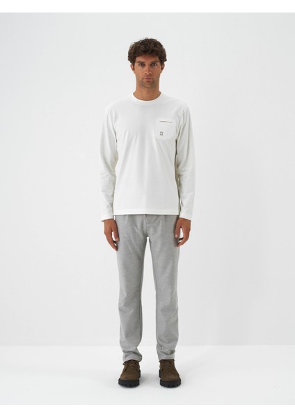 Erkek Ekru Pamuk Dokulu Regular Fit Uzun Kollu Tişört