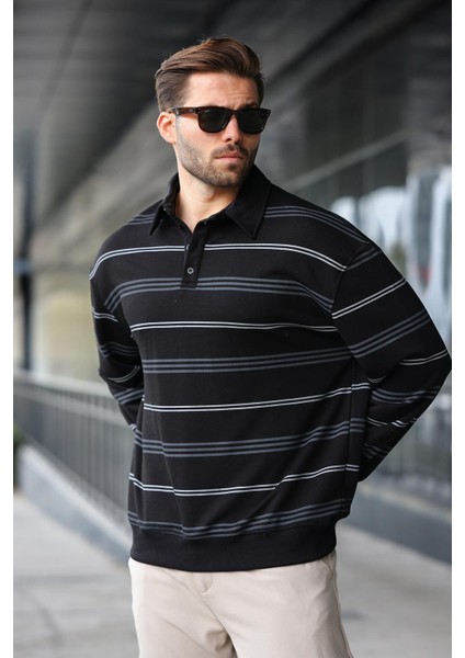 Siyah Çizgili Polo Yaka Erkek Sweatshirt E7172