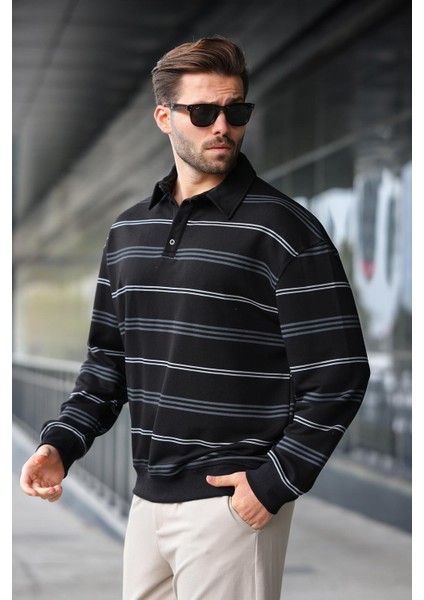 Siyah Çizgili Polo Yaka Erkek Sweatshirt E7172 fiyatları