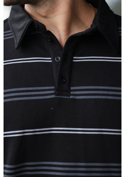 Siyah Çizgili Polo Yaka Erkek Sweatshirt E7172 modelleri