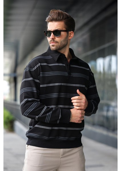 Siyah Çizgili Polo Yaka Erkek Sweatshirt E7172 fırsatları