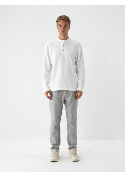 Erkek Ekru Pamuk Dokulu Regular Fit Uzun Kollu Tişört