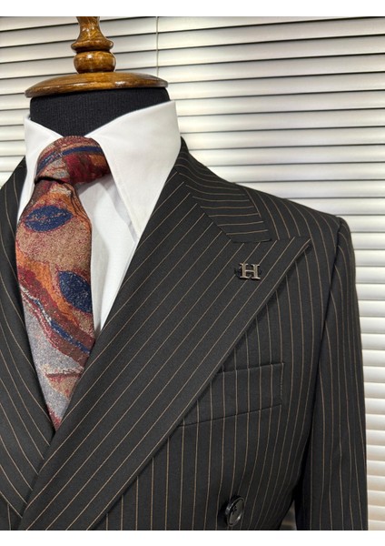 Siyah Modern Fit Kruvaze Kiremit Çizgili Takım Elbise fiyatları