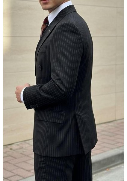 Siyah Modern Fit Kruvaze Kiremit Çizgili Takım Elbise indirimleri