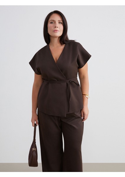 Yeni Sezon Büyük Beden Kruvaze Yaka Kuşaklı Bluz