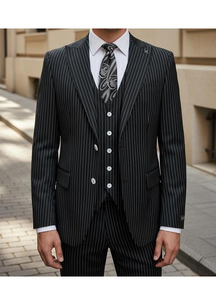 Modern Fit Siyah Çizgili Erkek Takım Elbise - Yelekli 3'lü Set