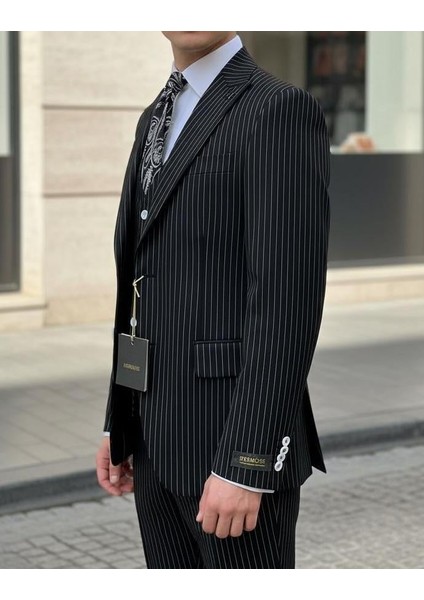 Modern Fit Siyah Çizgili Erkek Takım Elbise - Yelekli 3'lü Set fiyatları