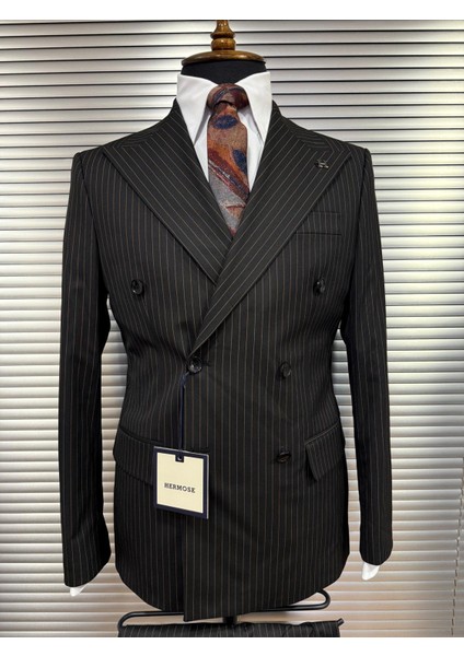 Siyah Modern Fit Kruvaze Kiremit Çizgili Takım Elbise