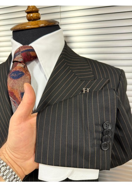 Siyah Modern Fit Kruvaze Kiremit Çizgili Takım Elbise modelleri