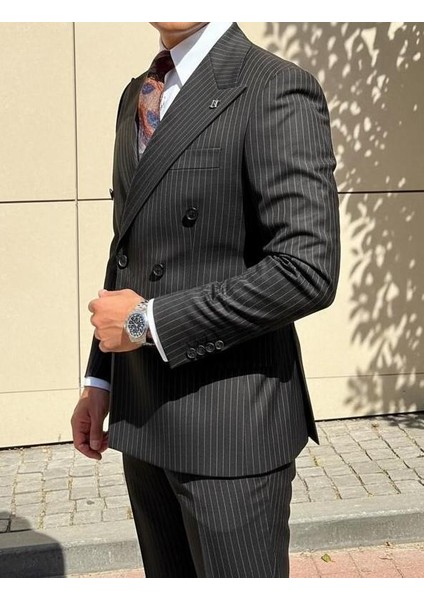 Siyah Modern Fit Kruvaze Kiremit Çizgili Takım Elbise fırsatları