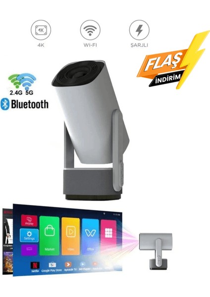 K2 Taşınabilir Sinema Projektörü 4K Şarjlı Bluetooth Akıllı Projeksiyon