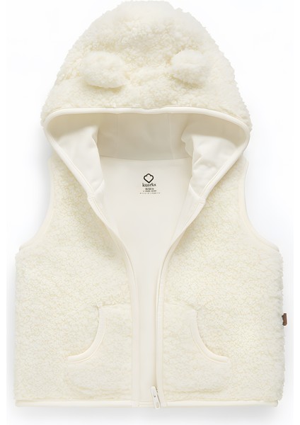 Peluş Bebek Yeleği Kapüşonlu Pamuk Penye Astarlı Ekru Çocuk Yelek